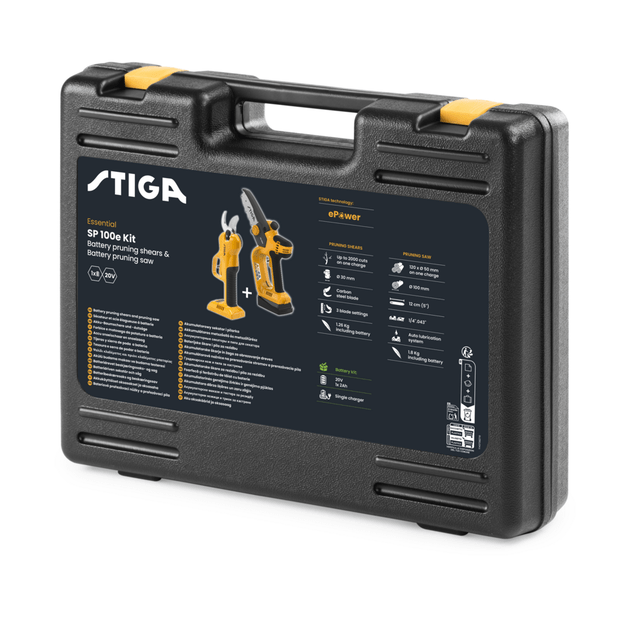 STIGA akumuliatorinių genėtuvų komplektas SP 100e Kit (SC ir PR 100, 2 Ah baterija, įkroviklis) 1