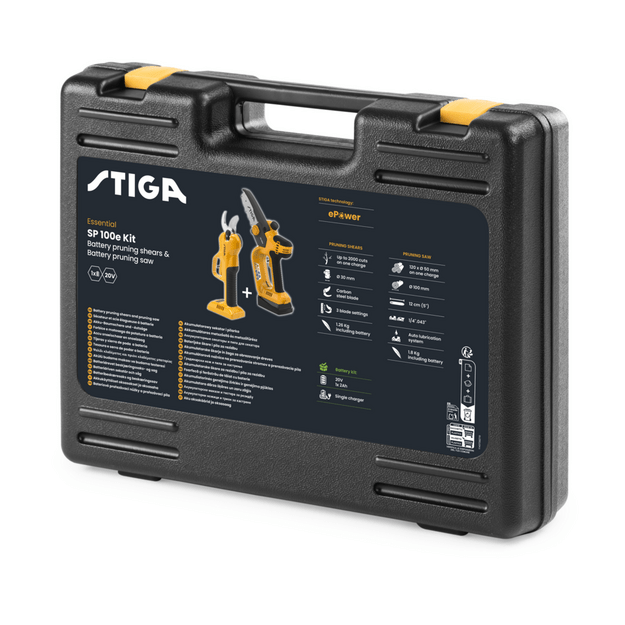 STIGA akumuliatorinių genėtuvų komplektas SP 100e Kit (SC ir PR 100, 2 Ah baterija, įkroviklis)